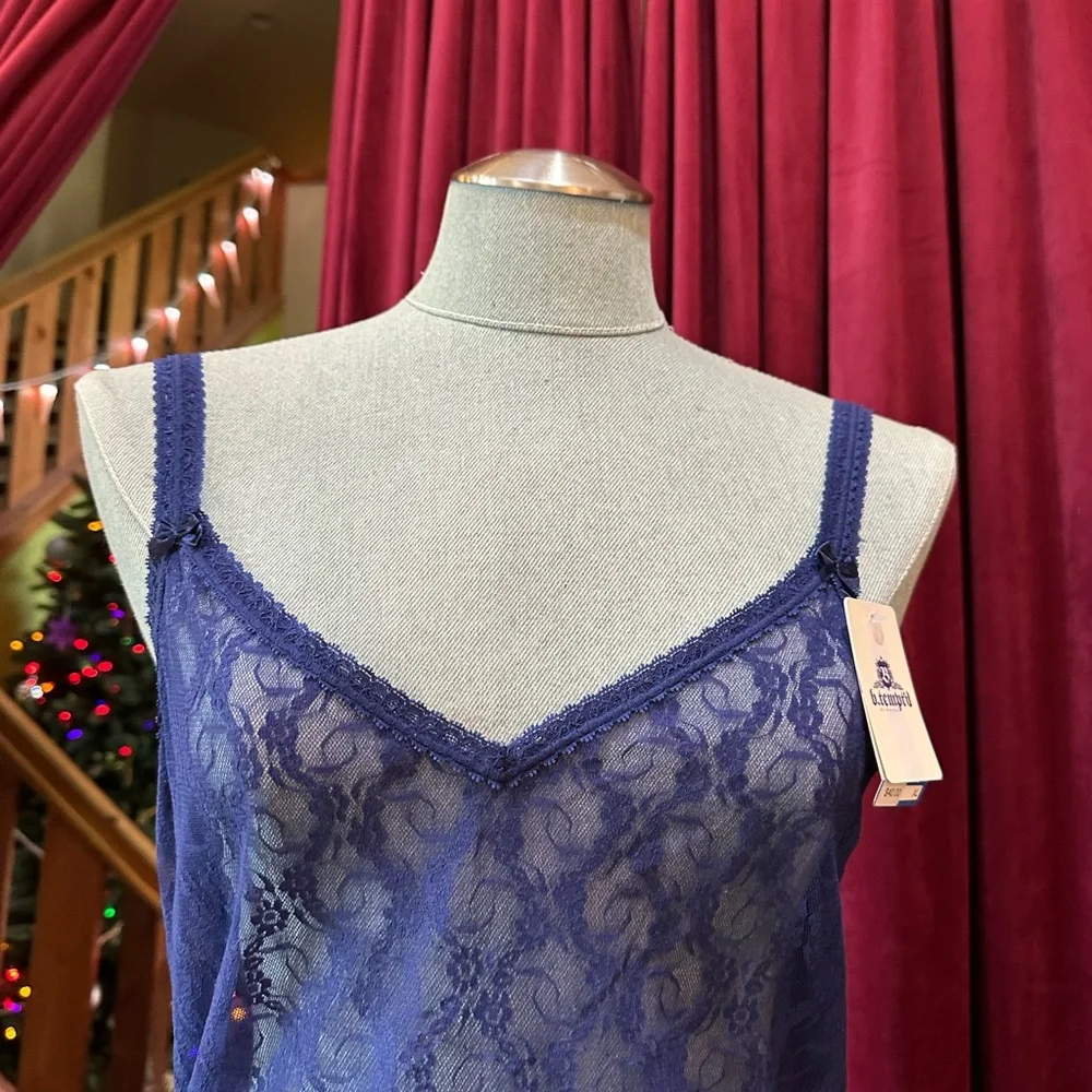 Tempt’d Lace Slip XL navy blue stretch w/bow on straps nice seams & hem NEW wTag - Picture 6 of 15